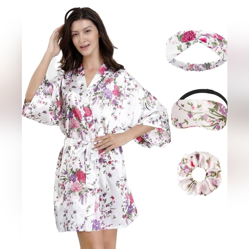 Floral Silky Satin Robe Set with Accessories - White and Pink